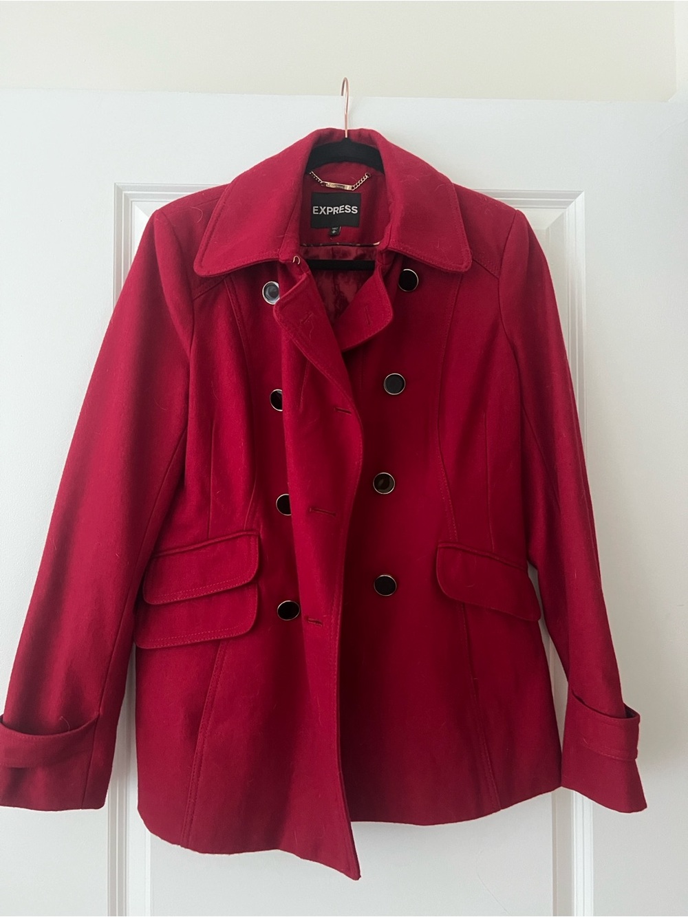Express Women's Crimson Double-Breasted Wool Peacoat